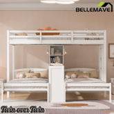 Bellemave® Twin Over Twin Bunk Bed with Desk, Storage Shelves, Reading Lamp & Guardrails | Solid Wood Triple Bunk Bed - Bellemave