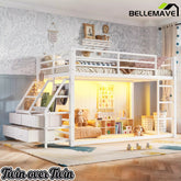 Bellemave® Twin over Twin Bunk Bed with LED, Storage Shelves & Drawer, Metal Floor Bunk Bed for Kids - Bellemave