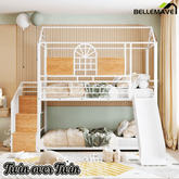 Bellemave® Twin Over Twin Bunk Bed with Slide, House Floor Bunk Bed with Storage Stairs and Shelves - Bellemave