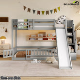 Front view of gray twin over twin bunk bed with slide and storage shelves