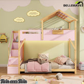 Bellemave® Twin Over Twin & Full Over Full House Bunk Bed with Stairs and 3-Color LED Lights for Kids and Teens - Bellemave