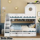 Bellemave® Twin Over Twin House Bunk Bed with Stairs, Storage Drawers, Solid Wood Frame with Roof & Hidden Storage Space Underneath - Bellemave