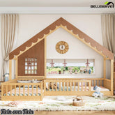 Wooden house-shaped floor bed styled in a kids' bedroom with surrounding guardrails