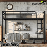 Bellemave® Twin over Twin Metal Bunk Beds for Kids Teens Adults, Heavy - duty Metal Bunk Bed Frame with Guardrail, Ladder & Under - bed Storage, Space - saving/Noise - reduce, Black - Bellemave