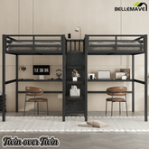 Bellemave® Twin Over Twin Metal Loft Bed with Desk,Wardrobe & Charging Station and Shelves for 2 Kids,Woodgrain - Bellemave