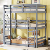 Bellemave® Twin over Twin over Twin Rubber Wood Triple Bunk Bed with Ladders and Guardrails(Detachable) - Bellemave