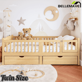 Bellemave® Twin Platform Bed with Full - Length Guardrails & Storage Drawers, Kids Low Bed with Cute Headboard, No Box Spring Needed, White - Bellemave