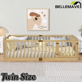 Bellemave® Twin Size Floor Bed with High Fence Railings,Kids Montessori Floor Bed with Safety Guardrails, Rubber Wood Floor Bed,Grey - Bellemave
