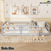 Bellemave® Twin Size Floor Bed with Rails, Wood Montessori Floor Beds with Fence and Openings, Natural - Bellemave