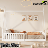 Bellemave Twin Size House Bed with Fence, Solid Pine Wood Montessori Bed with Slats, Tent - Shaped Bed Frame for Kids Boys Girls, Pink - Bellemave