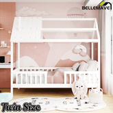 Bellemave® Twin Size House Bed with Fences for Kids, Wood Platform Bed Frame with Roof and Guardrails for Kids, Boys & Girls, White - Bellemave