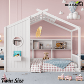 Bellemave® Twin Size House Bed with Storage Shelves for Kids,Kids Montessori Floor Bed, Cute Wood House Bed Frame Twin with Roof for Girls, Boys, Can be Decorated, White - Bellemave