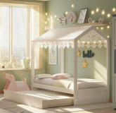 Bellemave® Twin Size House Bed with Trundle, Playhouse Bed, Wooden Montessori Beds with Roof for Kids, can be Decorated, White - Bellemave