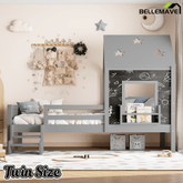Bellemave® Twin Size House Beds with Stairs, Bookshelf and Blackboard, Kids Twin Platform Bed Frame with Fences and Star - Shape Roof, Grey - Bellemave