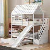 Bellemave® Twin Size House Bunk Bed with Trundle and Slide, Storage Staircase, Roof and Window Design - Bellemave