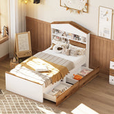 Bellemave® Twin Size House - Shaped Wooden Bed with Storage Shelf on the Headboard, Built - in Two Storage Drawers - Bellemave