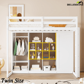 Bellemave® Twin Size Kids Loft Bed with Wardrobe and Shelves, Wooden Loft Bed Frame with Storage Cabinet for Kids Teens (White+Yellow) - Bellemave