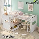 Bellemave® Twin Size L - shaped Bunk Bed with a Loft Bed attached, with Two Drawers - Bellemave