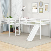 Bellemave® Twin Size L - Shaped Low Loft Bed with Ladder and Slide - Bellemave