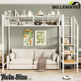 Bellemave® Twin Size loft Bed with Storage Stairs and Upper Grid Storage Shelf, Metal Twin Loft Bed Frame for Adults & Teens - Bellemave