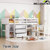 Bellemave® Twin Size Low Loft Bed With Pull - Out Desk, Drawers, Cabinet, and Shelves - Bellemave