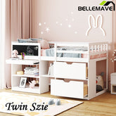 Bellemave® Twin Size Low Loft Bed with Rolling Desk, Shelf and Drawers - Bellemave