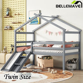 Bellemave® Twin Size Low Loft Bed with Slide, Ladder, Safety Guardrails, House Roof Frame - Bellemave