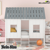Bellemave® Twin Size Low Loft House Bed with Roof and Two Front Windows, Low Loft Bed Frame with Ladder for Kids,Solid Wood House Bed Twin Size, White - Bellemave