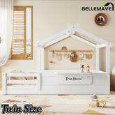 Bellemave® Twin Size Montessori Floor Bed for Kids, Solid Wood House Floor Bed with Roof, Built - in Shelfe, and Free - Installed Signboard, White - Bellemave