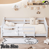 Bellemave® Twin Size Montessori Floor Bed with Slats, Rails,Fence & Headboard, White - Bellemave