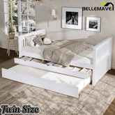 Bellemave® Twin Size Platform Bed Frame with Trundle Bed Frame for Bedroom, Twin Size Corner Bed with 3 Storage Drawers, Headboard and Footboard, No Spring Box Needed, White - Bellemave