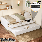 Bellemave® Twin Size Platform Bed with Trundle & 2 Drawers, Solid Wood Bed Frame with Built - in Power Strip, Low Profile No Box Spring Needed, White - Bellemave