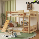 Bellemave® Twin Size Playhouse Floor Bunk Bed with Climbing Ramp, Ladder, Safety Guardrails - Bellemave
