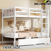 Bellemave® Twin Size Rubber Wood Bunk Bed with 2 Drawers, Ladder and Safety Guardrail(Convertible ) - Bellemave