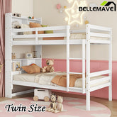 Bellemave® Twin Size Rubber Wood Bunk Bed with Shelves Headboard, Safety Guardrails and Ladder(Convertible) - Bellemave