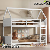 Bellemave® Twin Size Rubber Wood House Floor Bunk Bed with Headboards, Footboards and Guardrails, Ladder - Bellemave