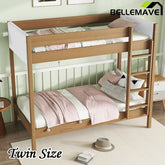Bellemave® Twin Size Rubber Wooden Bunk Bed with Ladder, Safety Guardrails and Teddy Fleece Fabric Headboard/Footboard - Bellemave