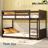 Bellemave® Twin Size Solid Rubber Wood Floor Bunk Bed with Panelled Headboard and Footboard, Safety Guardrails and Built - in ladder - Bellemave
