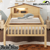 Bellemave® Twin Size Solid Wood Platform Bed with House - Shaped Headboard,Safety Guardrails,LED & Built - in Storage,No Box Spring Needed (Natural) - Bellemave