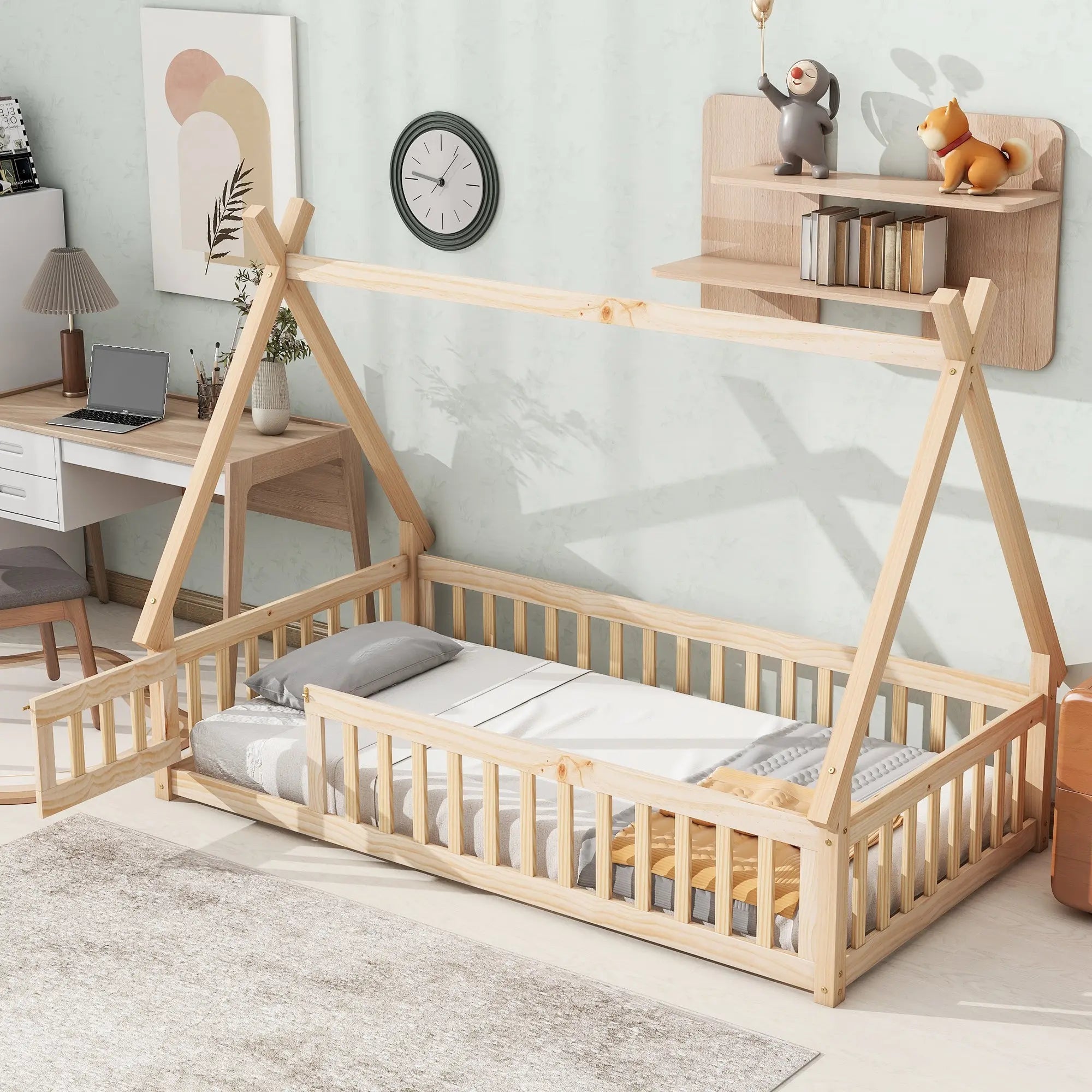 Bellemave® Twin Size Tent-shaped Floor Bed with Guardrails,Slats and