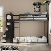 Bellemave® Twin Size Wood Bunk Bed with 4 Storage Drawers, Wooden Bed Frame with Hanging Rails, Light Strips, Built - in Shelves & Dual Pegboards - Bellemave