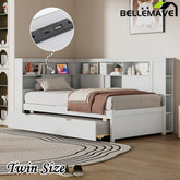 Bellemave® Twin Size Wood Daybed with Storage Shelves, USB and Trundle - Bellemave