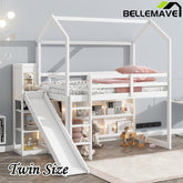 Bellemave® Twin Size Wood House Loft Bed with Slide, Storage Shelves and Light - Bellemave