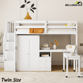 Bellemave® Twin Size Wood Loft Bed with Desk and Wardrobe, Modern Style Loft Bed with Drawers and Movable Desk, Storage Staircase Bookcase, Full Length Guardrails for Teens, Espresso - Bellemave