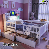 Bellemave® Twin Size Wood Platform Bed with Built - in LED Light, Multi - Functional Headboard, Guardrail and 2 Drawers - Bellemave