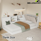 Bellemave® Twin Size Wooden L - Shaped Daybed with Storage Bookcase and Upholstered Headboard and USB Charging Ports - Bellemave