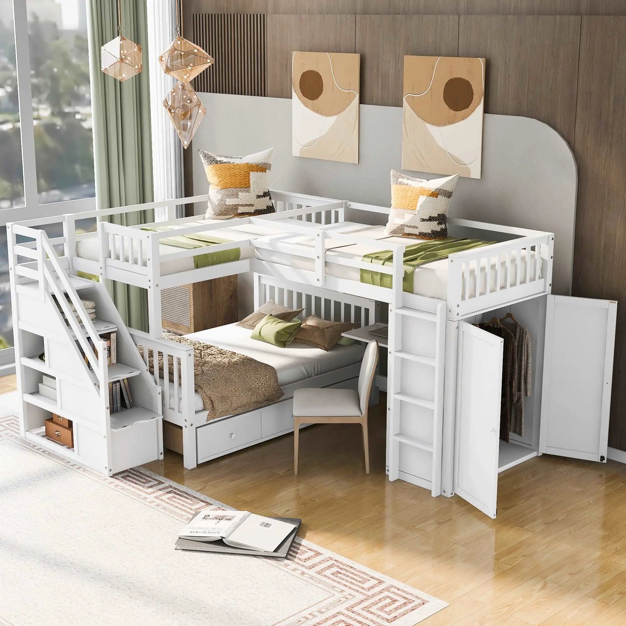 Bellemave® Twin & Twin Over Full L-Shaped Bunk Bed with 3 Drawers, Por
