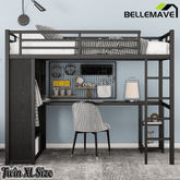 Bellemave® Twin XL Loft Bed with Desk, Storage Shelves, Wardrobe & Hanging Rod, Game Loft Bed with Guardrail and Ladder, Black - Bellemave