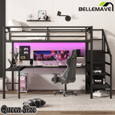 Bellemave® Twin XL Loft Bed with Stairs and Storage, Metal Loft Beds Frame with Wardrobe and Safety Guardrails, Space Saving LED Loft Bed Twin Size for Kids & Teens, No Box Spring Needed, White - Bellemave