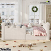 Twin-size cream castle-style upholstered floor bed shown from the front